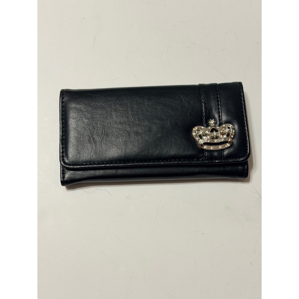 Black Faux Leather Trifold Wallet Rhinestone Crown Embellishment Zip Pocket
